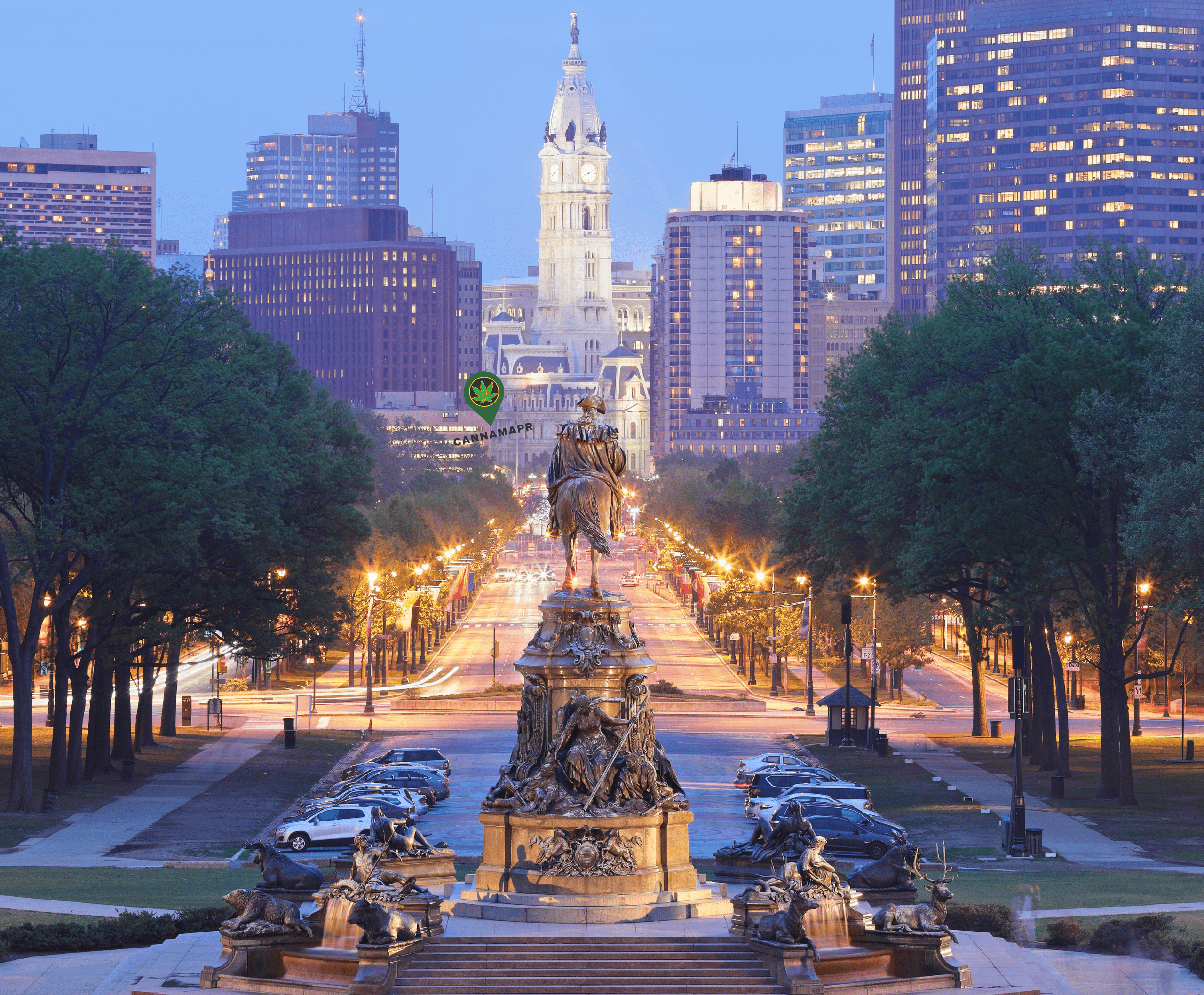 Iconic view of Pennsylvania’s cityscape with historic architecture and the CannaMapr logo, indicating free directory listings for dispensaries in Pennsylvania.