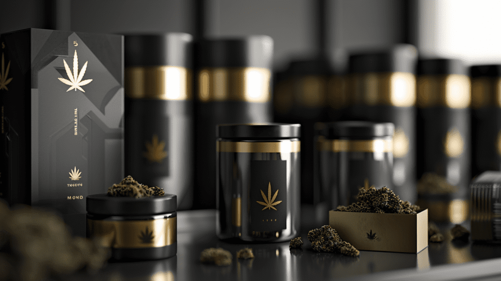 Luxury Cannabis Packaging with Black and Gold Design Featuring Cannabis Buds