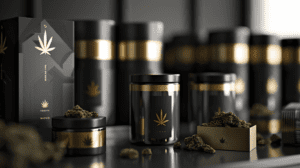 Luxury Cannabis Packaging with Black and Gold Design Featuring Cannabis Buds