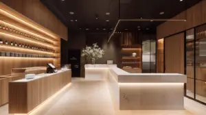 Modern dispensary interior with wooden shelves, soft lighting, and a sleek, minimalist counter design.