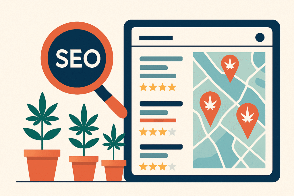Flat digital illustration of cannabis plants growing beside a map interface with location pins, representing dispensary SEO and local search visibility.