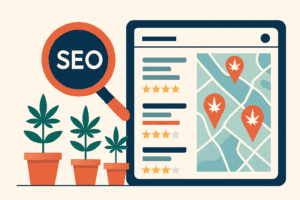 Flat digital illustration of cannabis plants growing beside a map interface with location pins, representing dispensary SEO and local search visibility.