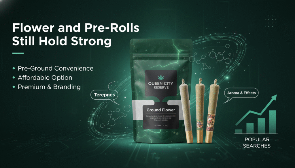 A professional graphic illustrating the strength of cannabis flower and pre-rolls in the market. On the left, text highlights key points: "Flower and Pre-Rolls Still Hold Strong," "Pre-Ground Convenience," "Affordable Option," and "Premium & Branding." In the center, a dark green pouch labeled "Ground Flower" with "QUEEN CITY RESERVE" branding is featured, alongside three artfully designed pre-rolled joints, some with decorative bands. To the right, an upward-trending bar graph signifies "POPULAR SEARCHES." Chemical structures representing "Terpenes" and "Aroma & Effects" are subtly integrated into the background, which features digital circuit patterns in a green and dark teal color scheme, conveying a modern and informative feel