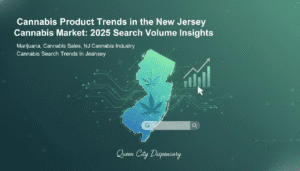 A professional graphic showing a stylized map of New Jersey with a cannabis leaf icon inside, overlaid with digital circuit lines. Next to it, an ascending bar graph with an upward arrow and a computer mouse cursor points towards it, symbolizing growth and search trends. Below the map is a Google search bar with a magnifying glass icon, and the text "Queen City Dispensary" is subtly visible at the bottom. The overall color scheme is green and teal, conveying a modern and industry-relevant feel.