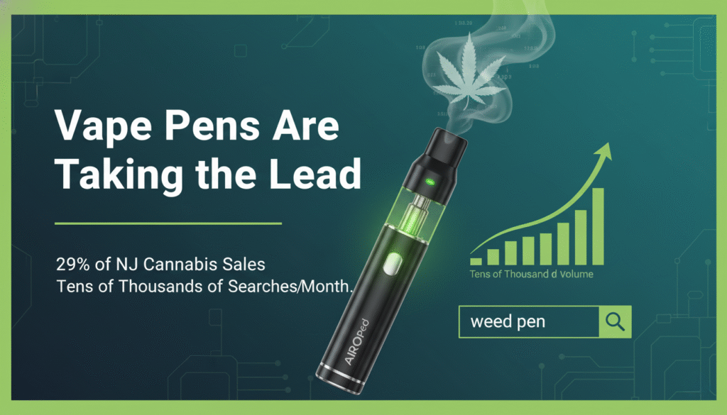 A sleek, black cannabis vape pen (labeled "AiroPod") with a glowing green indicator light and subtle vapor rising from its tip, forming a cannabis leaf shape. To its left, large text reads "Vape Pens Are Taking the Lead" and below it, "29% of NJ Cannabis Sales" and "Tens of Thousands of Searches/Month." To the right of the vape pen, an ascending bar graph with an upward arrow symbolizes growth, labeled "Tens of Thousand d Volume," and below it, a search bar displays "weed pen." The background features subtle digital circuit patterns in a green and dark teal color scheme, emphasizing technology and market trends.