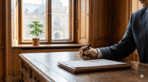 A close-up, cinematic shot of a man in a business suit signing a document on a wooden desk with a fountain pen. In the background, a small cannabis plant sits on a windowsill in a wood-paneled office.