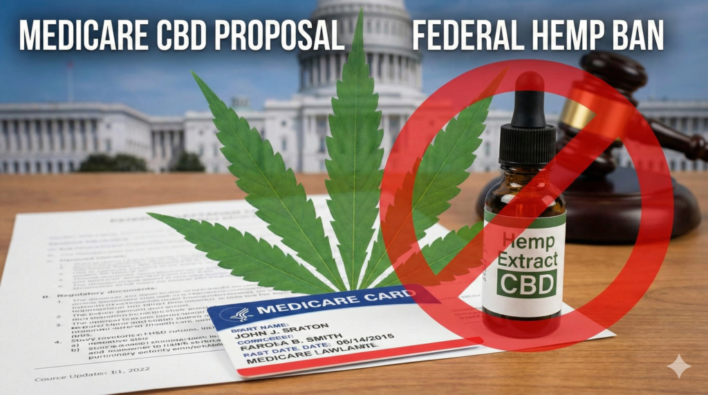 graphic showing Medicare CBD coverage proposal in 2027 conflicting with federal hemp ban effective November 2026