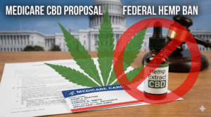 graphic showing Medicare CBD coverage proposal in 2027 conflicting with federal hemp ban effective November 2026