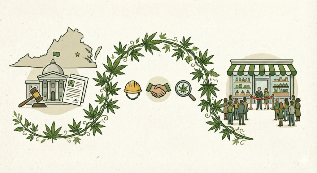 Graphic illustrating the Virginia cannabis retail market timeline, featuring a state outline and key phases from license applications in July 2026 to full market launch in November 2026.